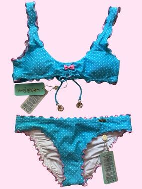 New Luli Fama  « Spotted With Love » Wavy Polka Dot Bikini Set - Aqua-Pink, XS
